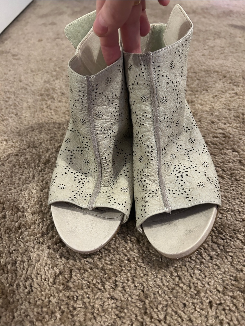 Perforated Open-Toe Ankle Heels in Cream